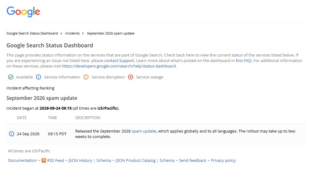 Google Search Status Dashboard με το Google September 2026 spam update στις 24 Σεπτεμβρίου 2026